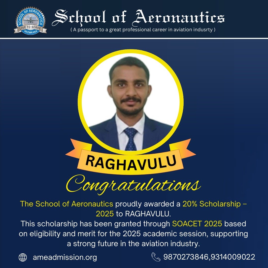 SOACET Scholarship 2025 Cleared Raghavulu AME Course in SOA Neemrana