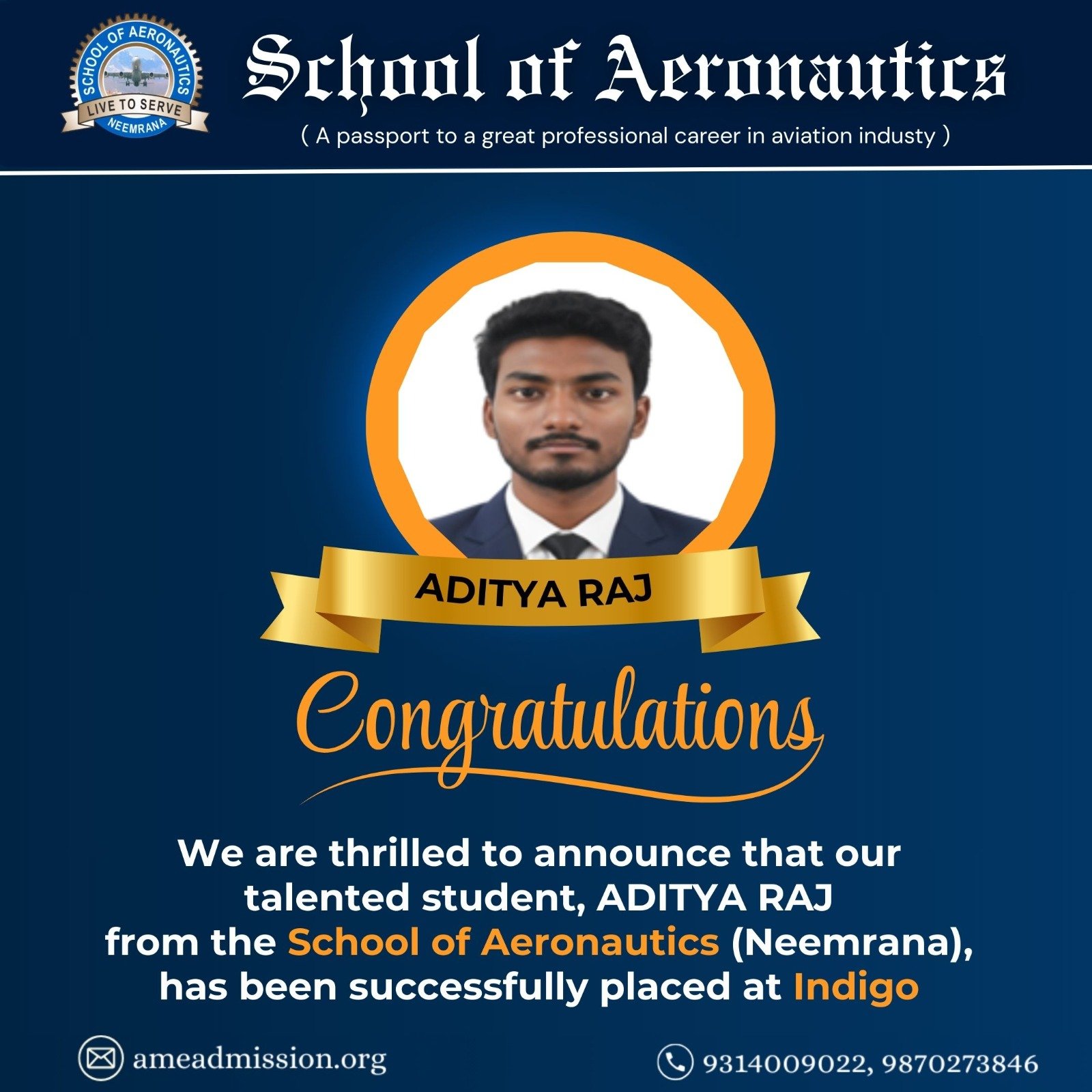 Aditya Raj Indigo Placement School of Aeronautics Neemrana