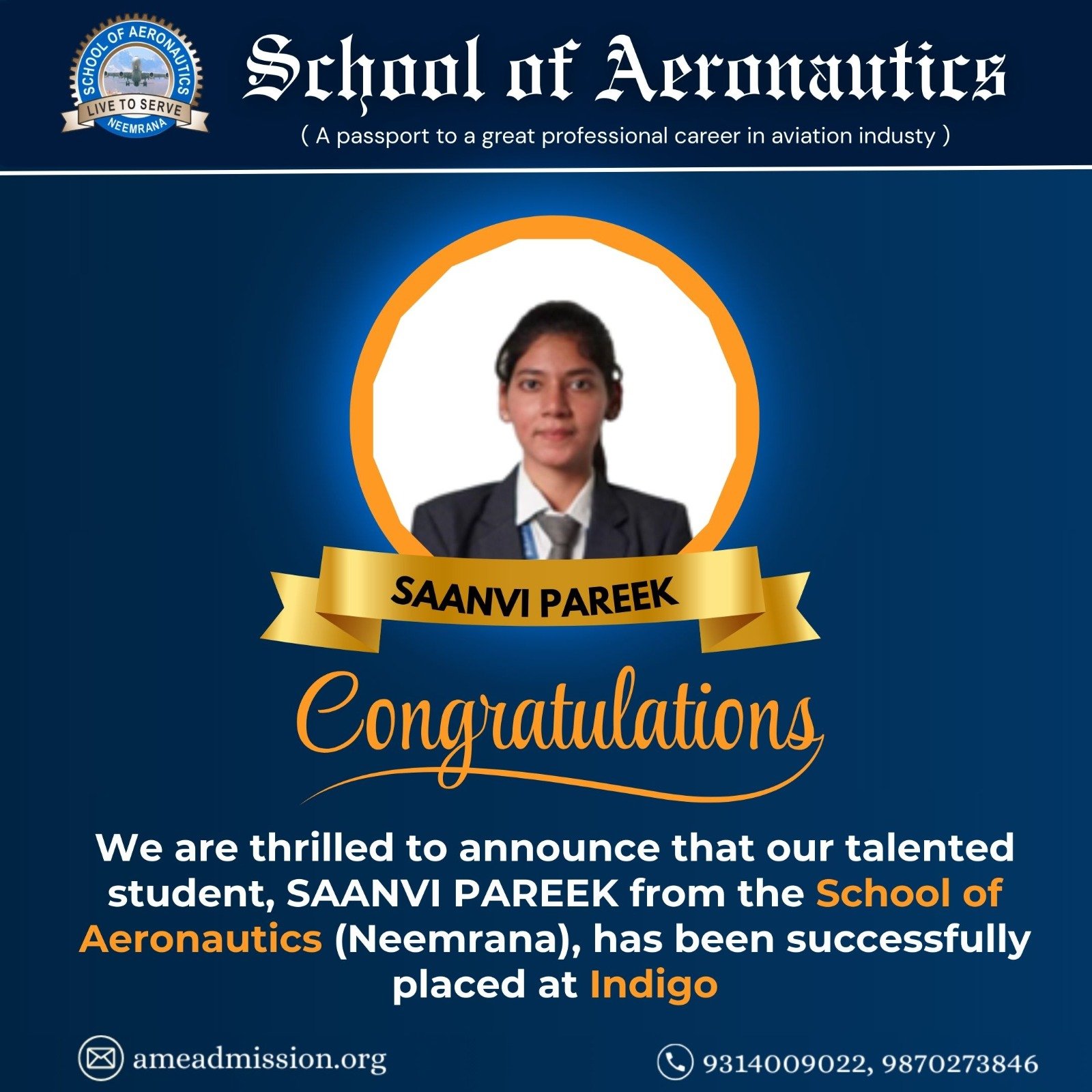 Saanvi Pareek Placement at Indigo School of Aeronautics Neemrana