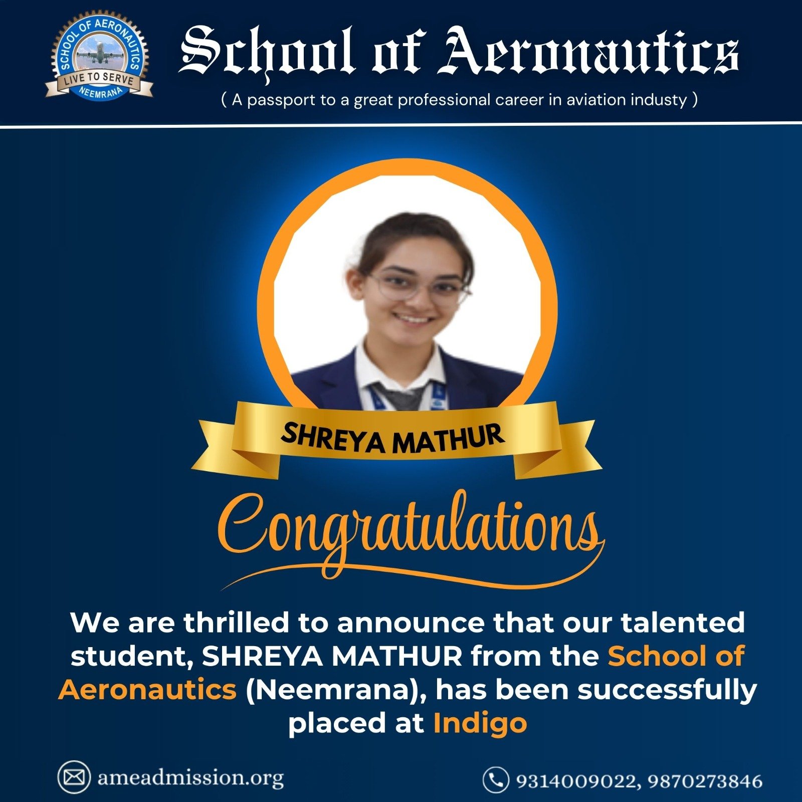 Shreya Mathur Indigo Placement School of Aeronautics Neemrana