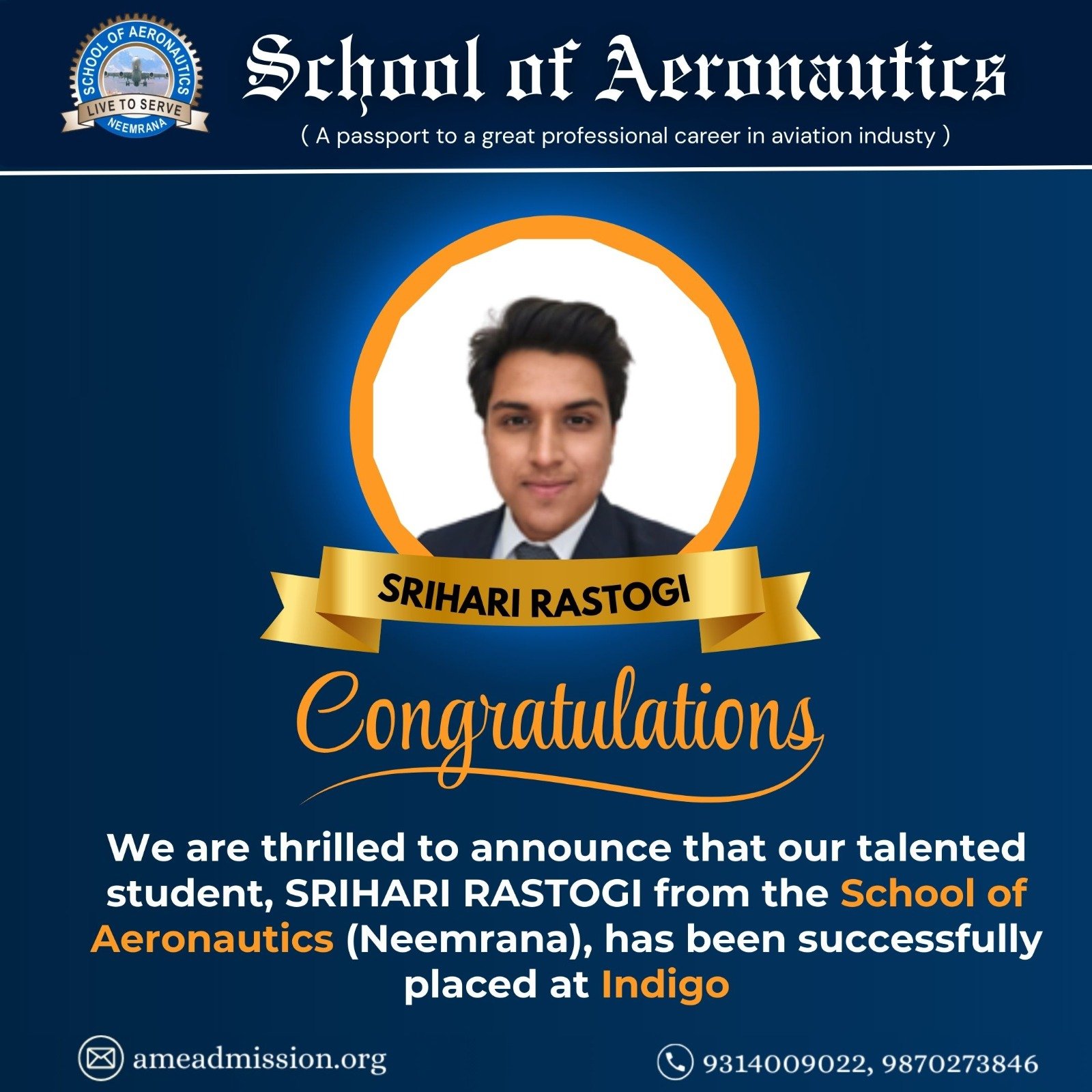Srihari Rastogi Placement at Indigo School of Aeronautics Neemrana