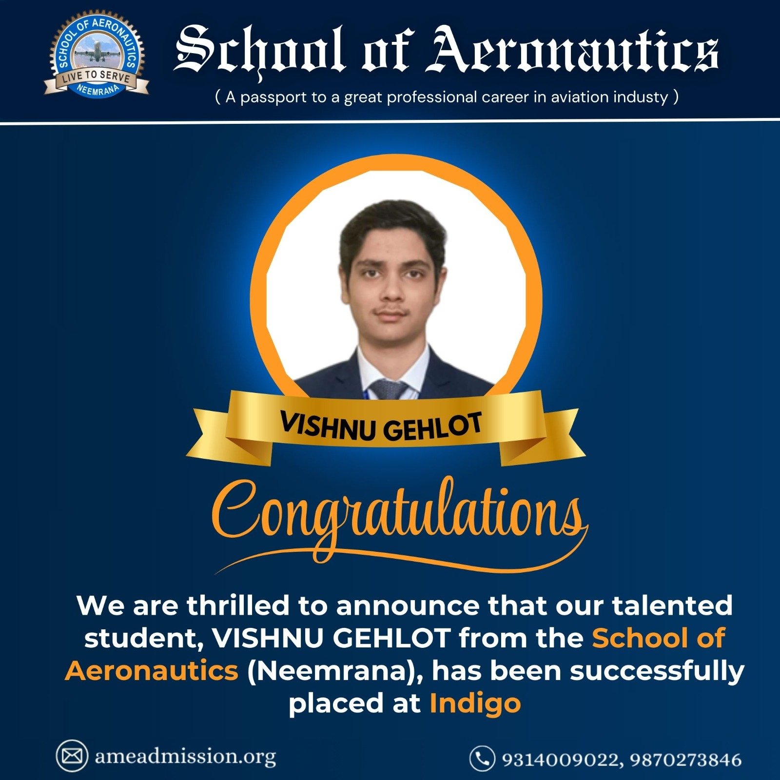 Vishnu Gehlot Indigo Placement School of Aeronautics Neemrana