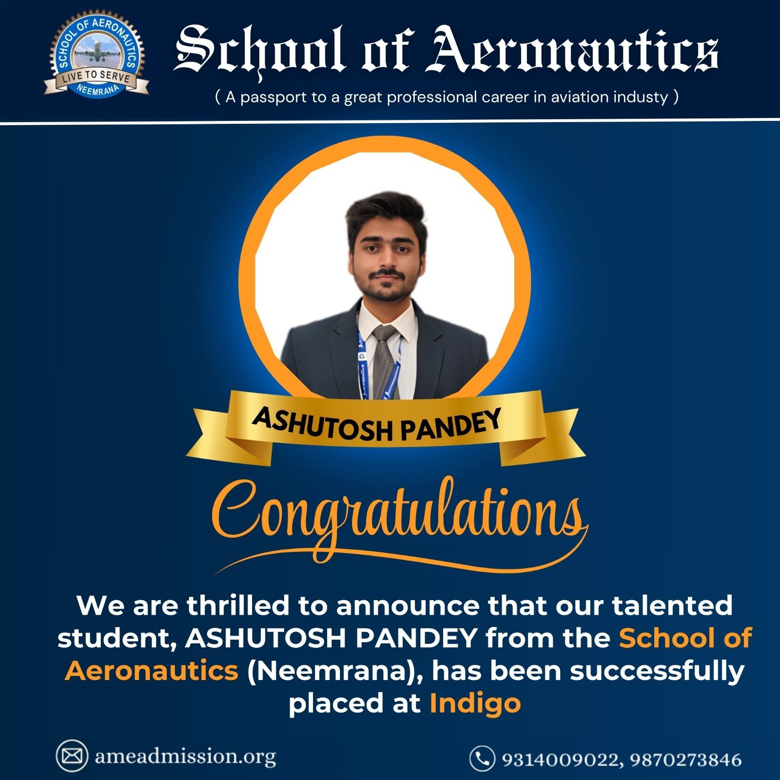 Ashutosh Pandey Placement at Indigo School of Aeronautics Neemrana