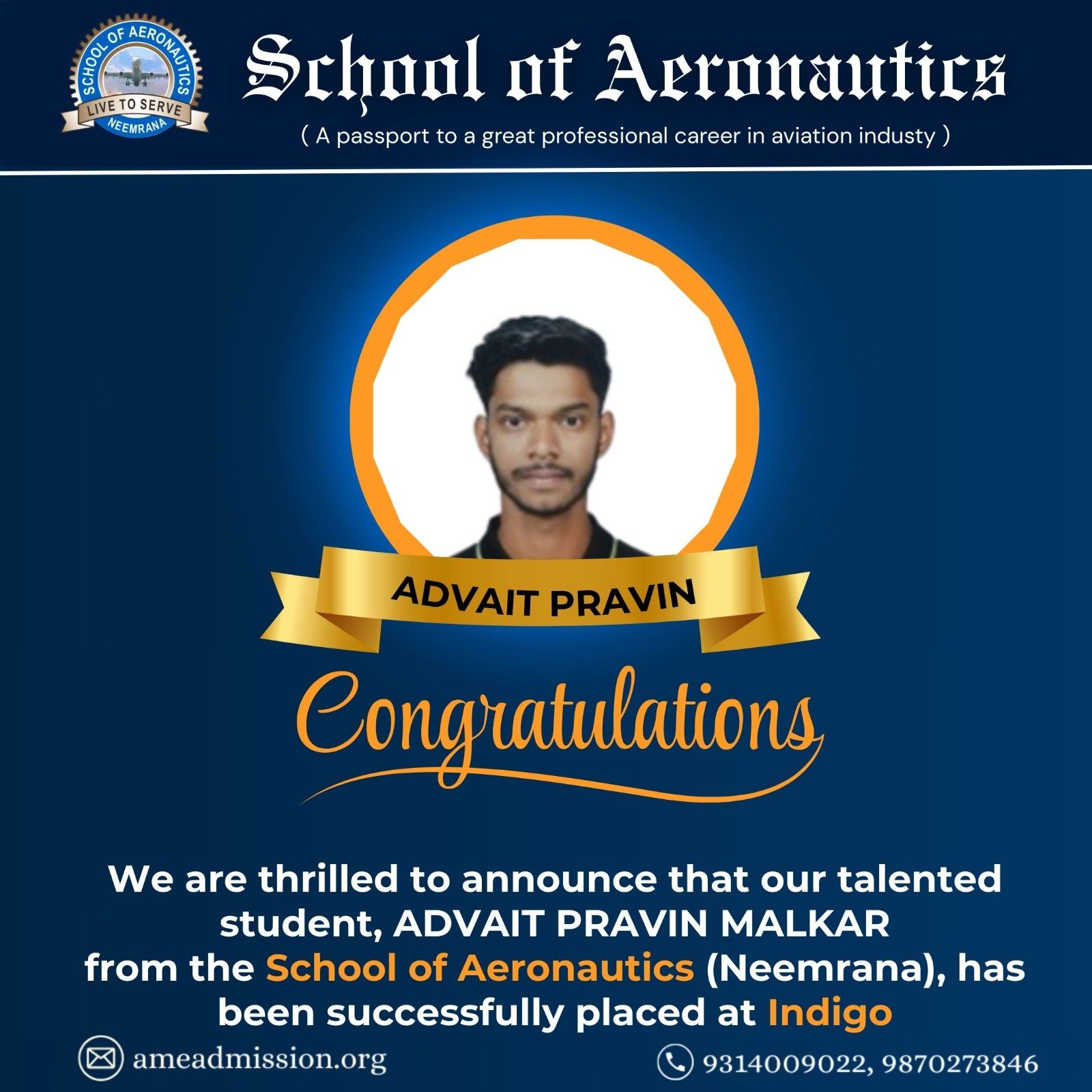 Advait Pravin Malkar Placement at Indigo School of Aeronautics Neemrana