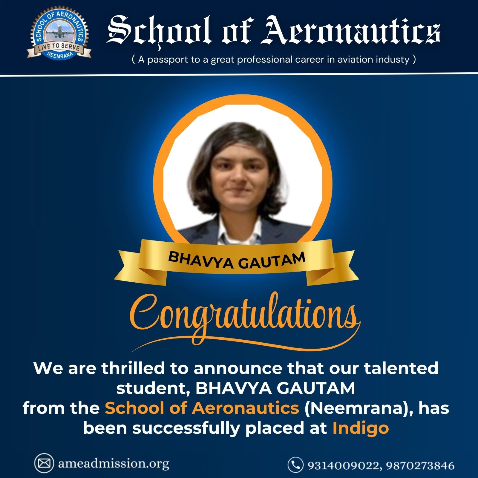 Bhavya Gautam Placement at Indigo School of Aeronautics Neemrana