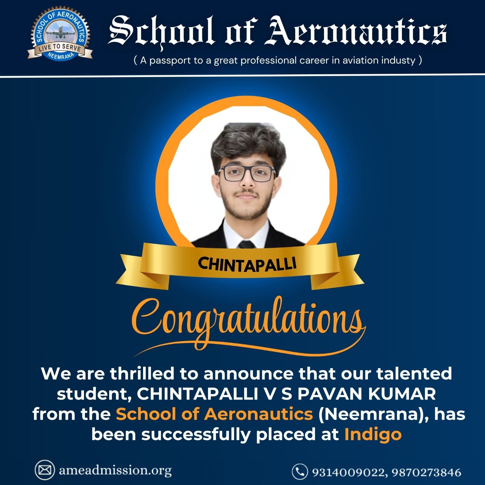 Chintapalli V S Pavan Kumar Indigo Placement School of Aeronautics Neemrana