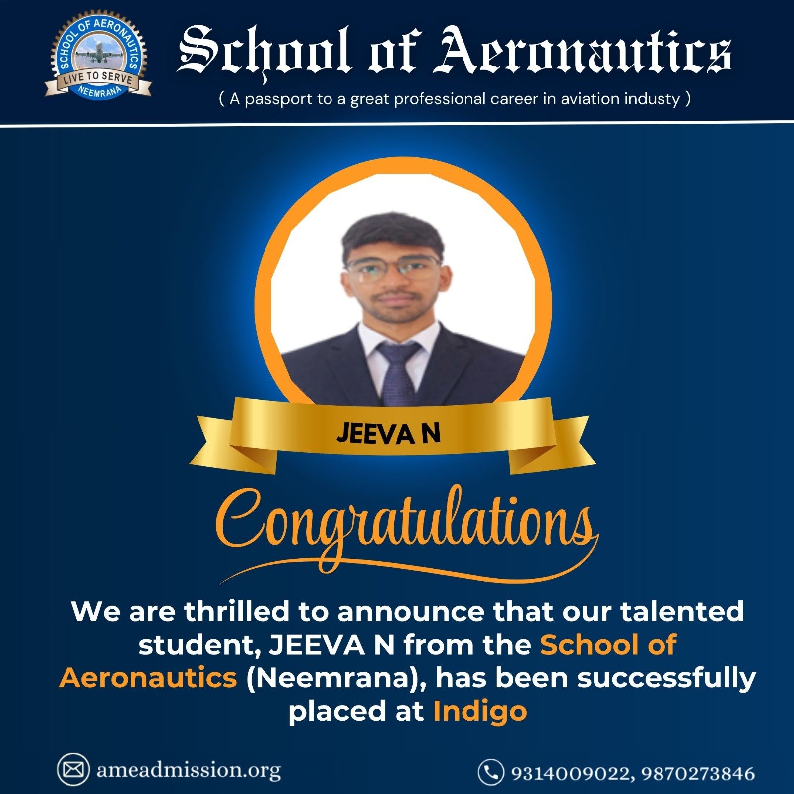 Jeeva N Placement at Indigo School of Aeronautics Neemrana