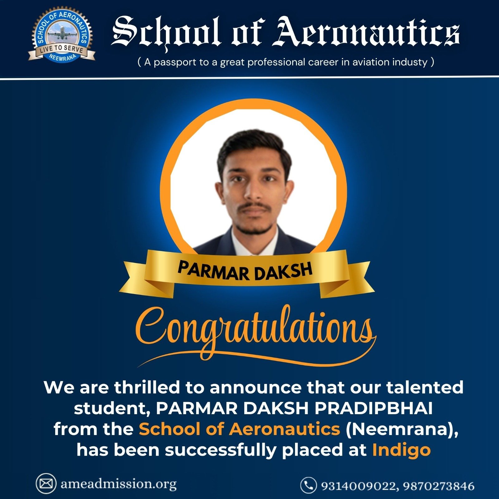 Parmar Daksh Pradipbhai Indigo Placement School of Aeronautics Neemrana