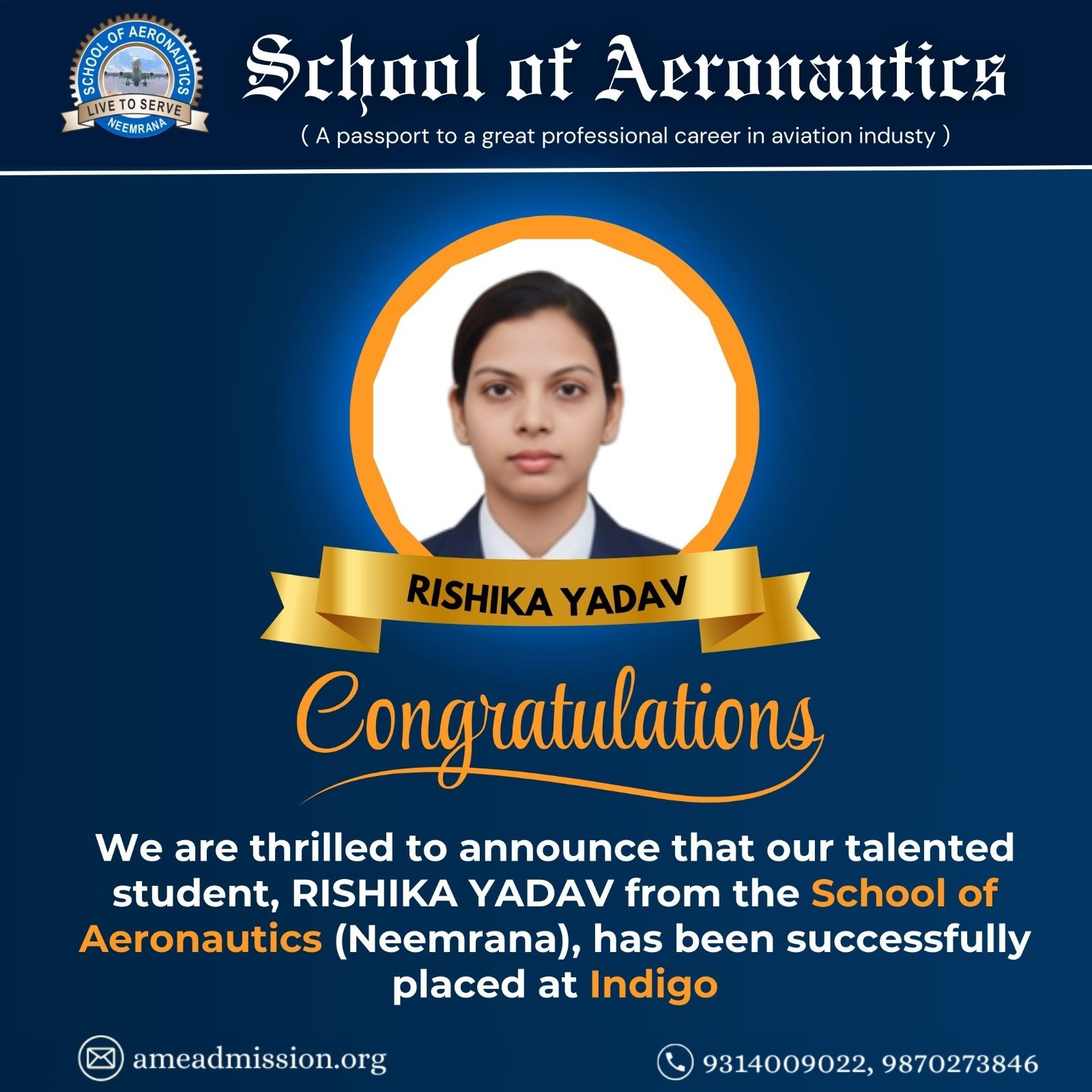 Rishika Yadav Indigo Placement School of Aeronautics Neemrana