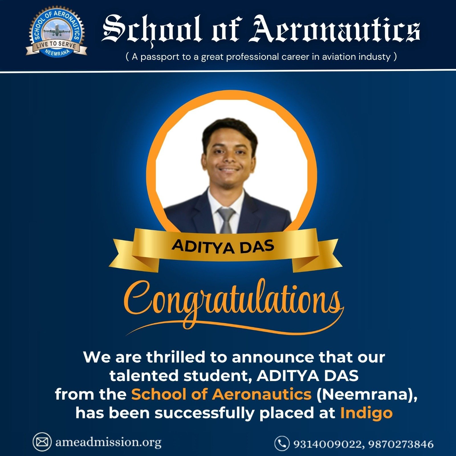 Aditya Das Placement at Indigo School of Aeronautics Neemrana