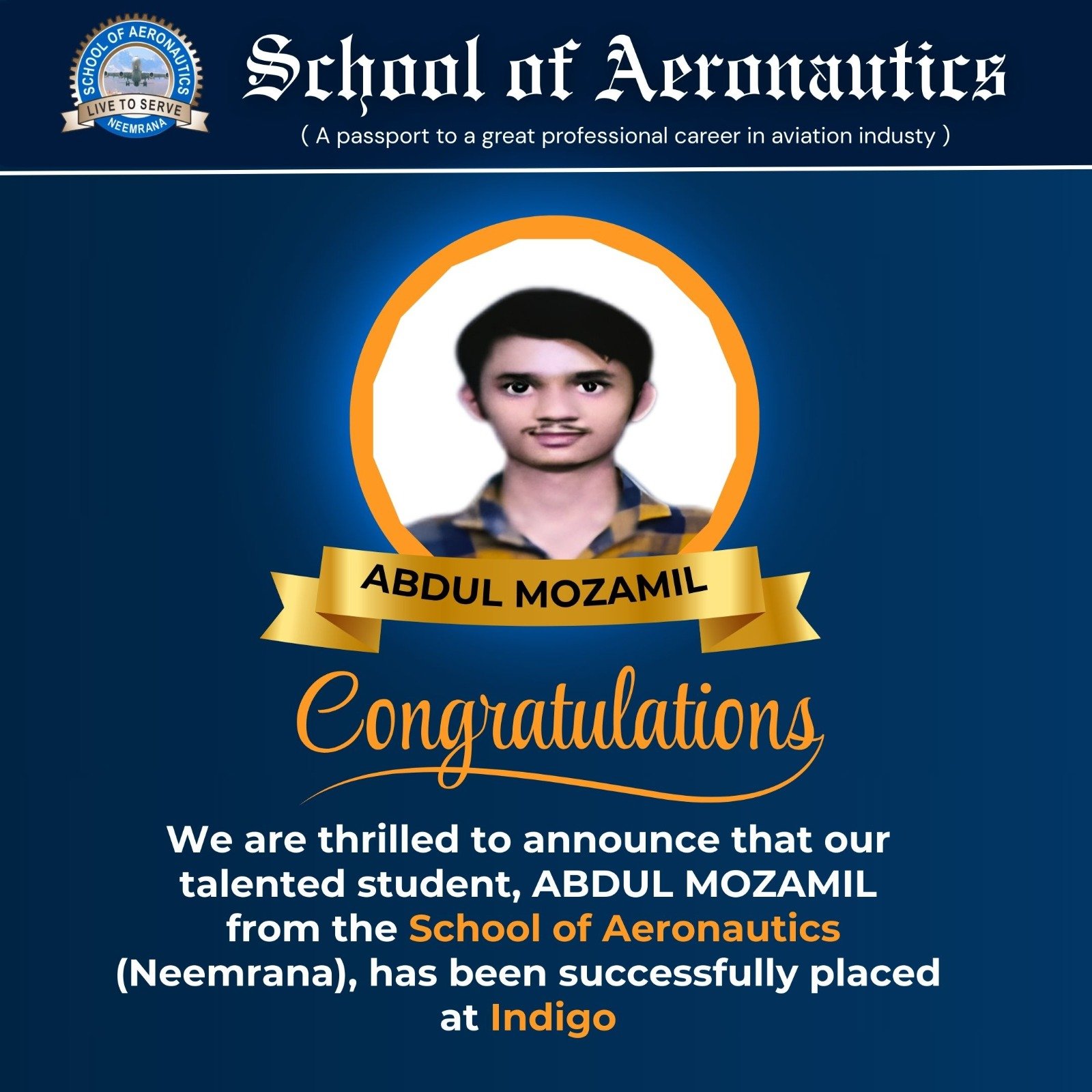 Abdul Mozamil Indigo Placement School of Aeronautics Neemrana