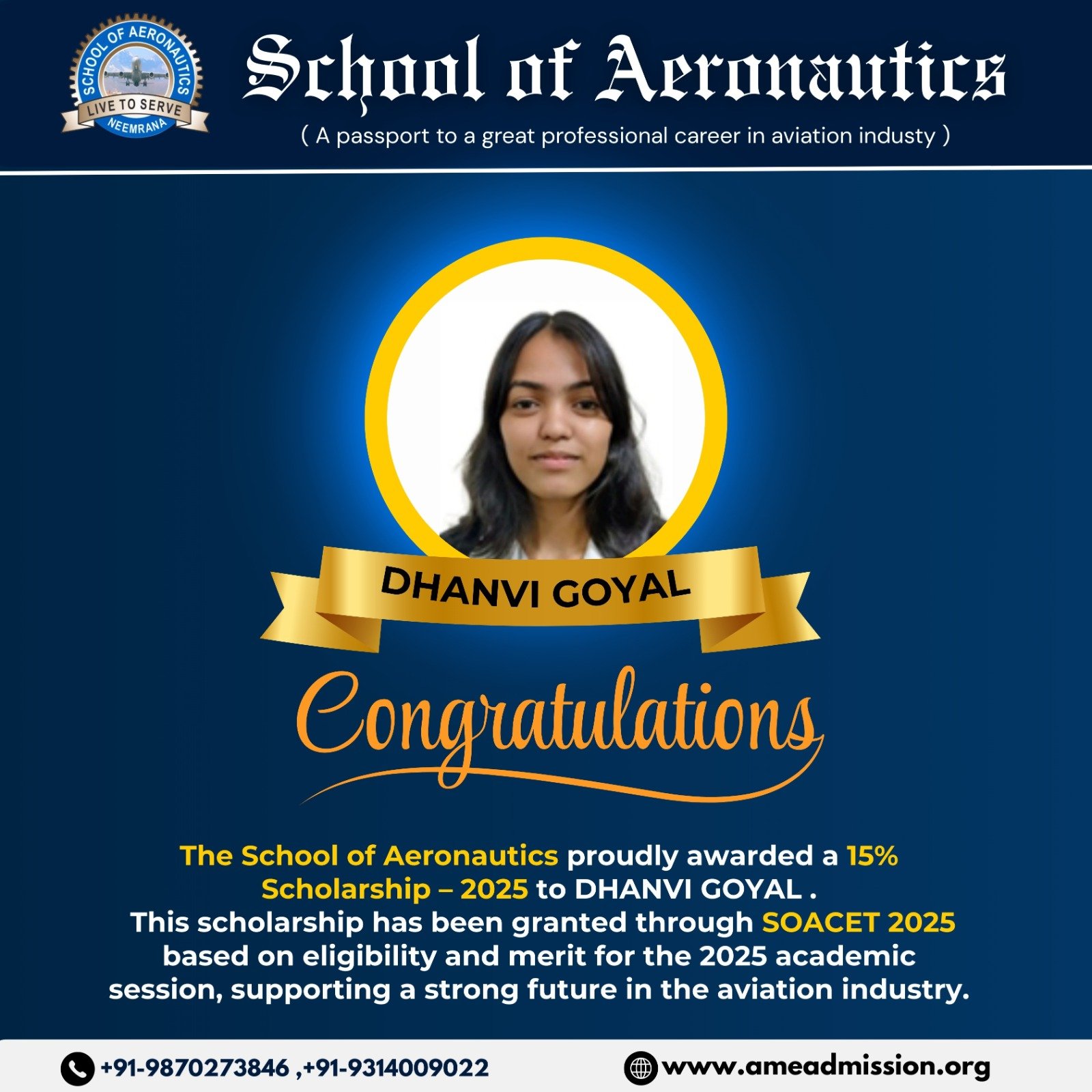 Dhanvi Goyal Placement School of Aeronautics Aviation Career