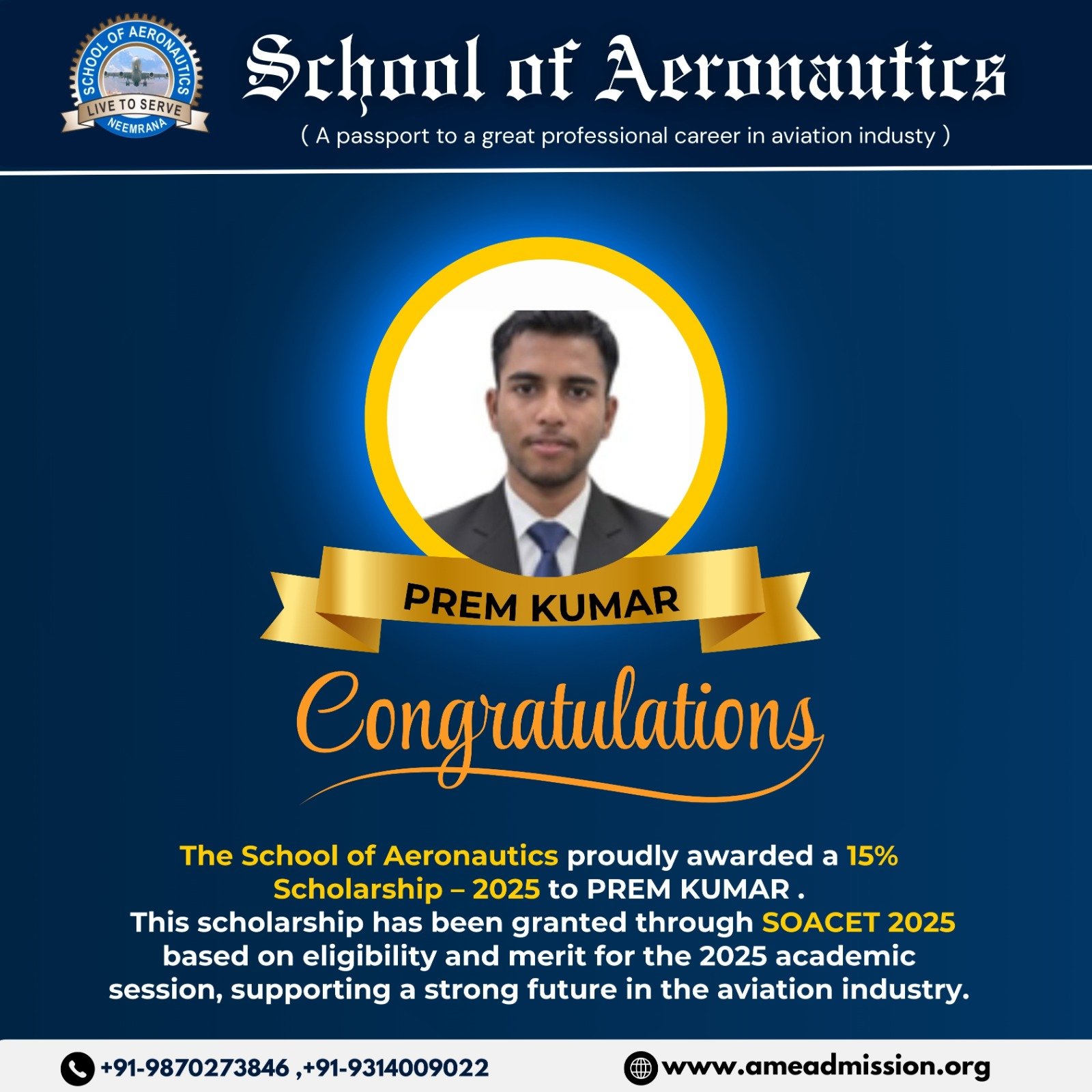 Prem Kumar Aviation Placement School of Aeronautics Student
