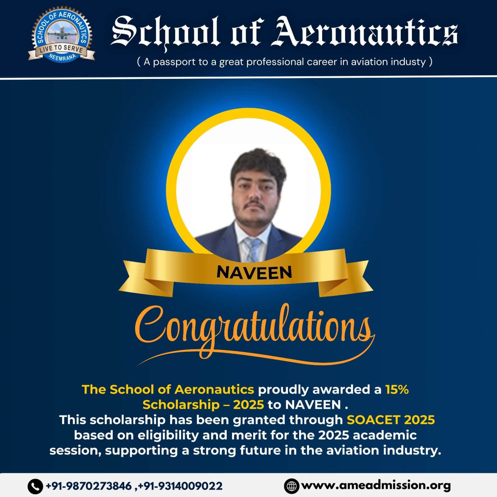Naveen Placement Success School of Aeronautics Aviation Student