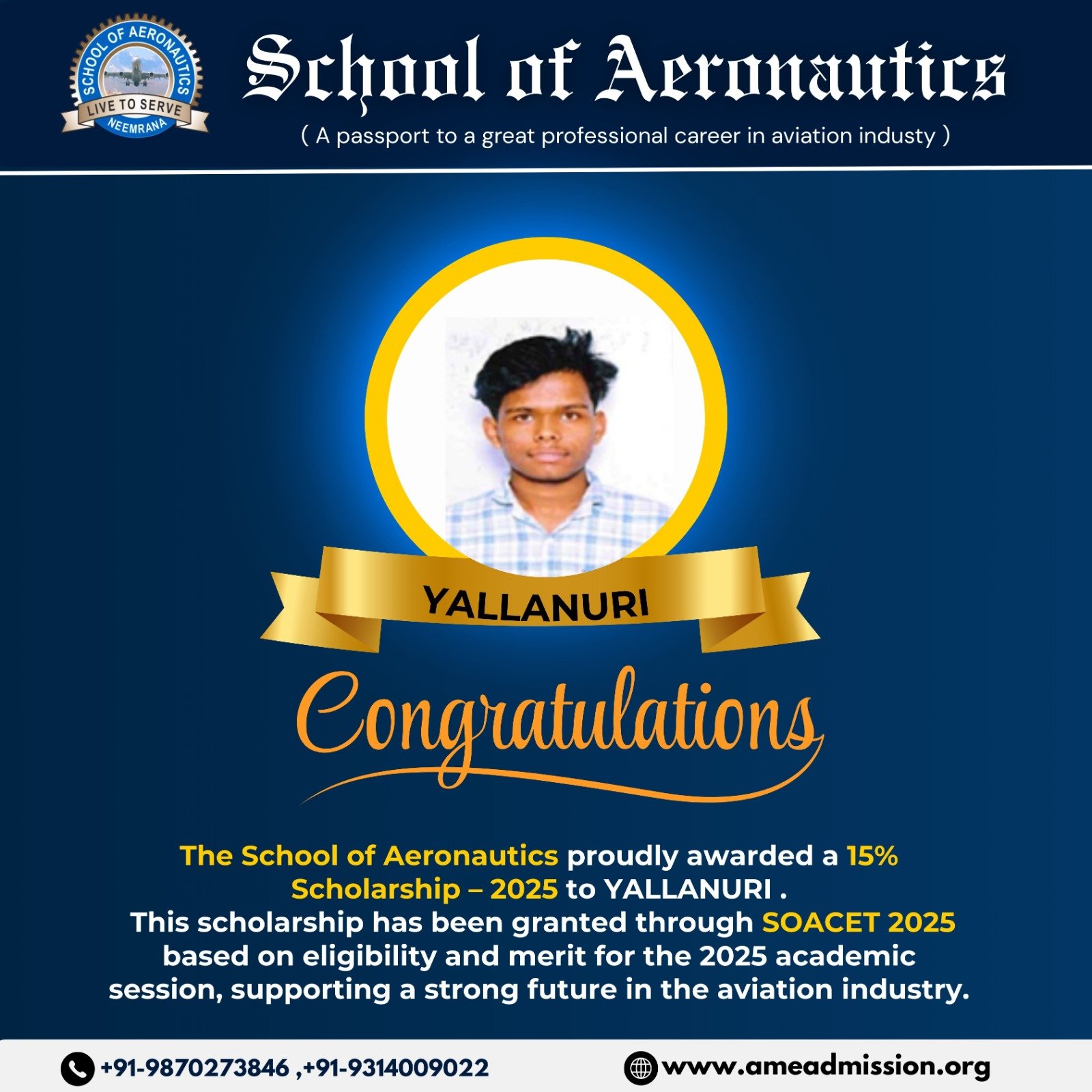Yallanuri Placement Achievement School of Aeronautics Aviation Graduate