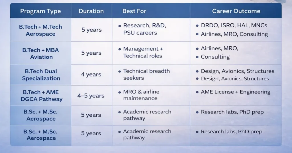 Aviation dual degree programs comparison chart with duration and career outcomes in India