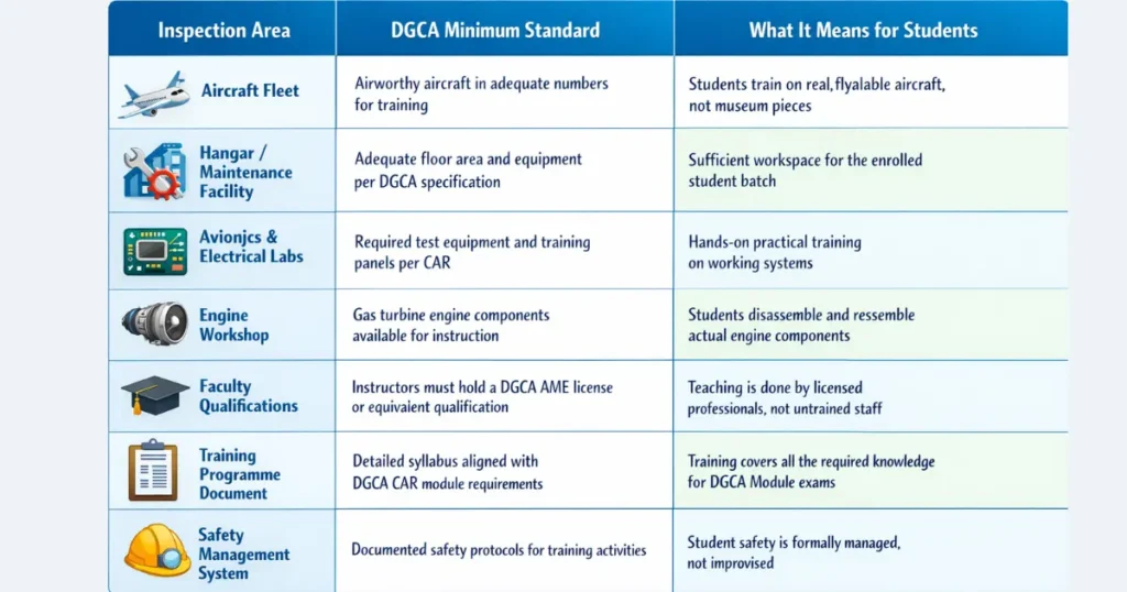 dgca ame college requirements inspection standards aircraft lab hangar checklist