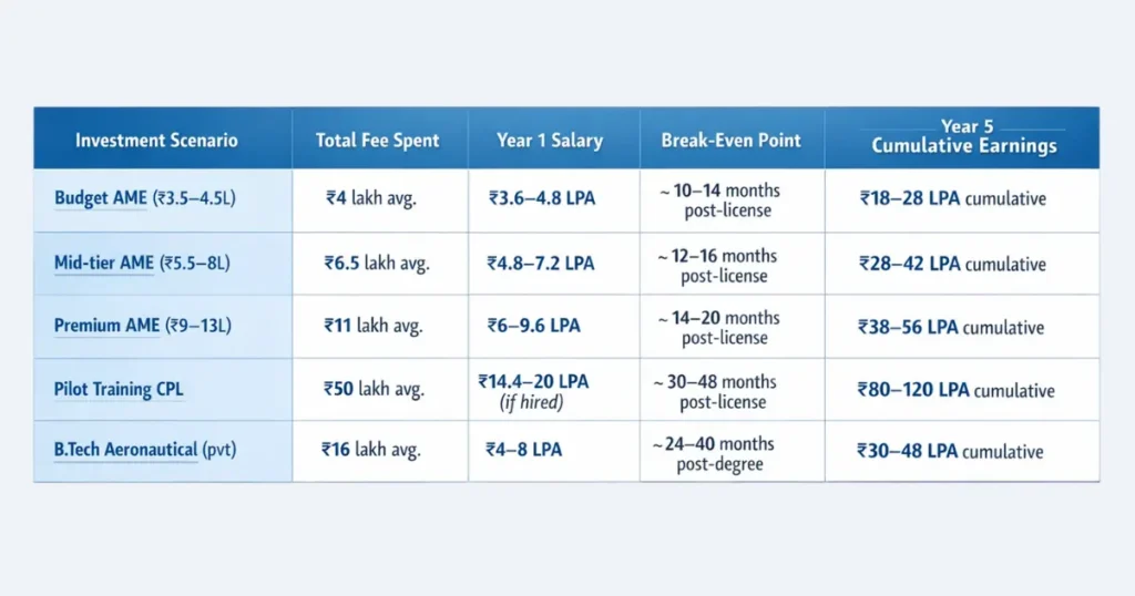 ame roi india salary vs investment comparison aviation courses cpl btech