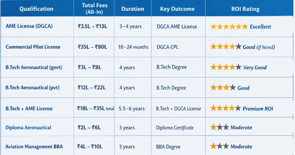 aviation courses india roi comparison ame cpl btech fees salary rating