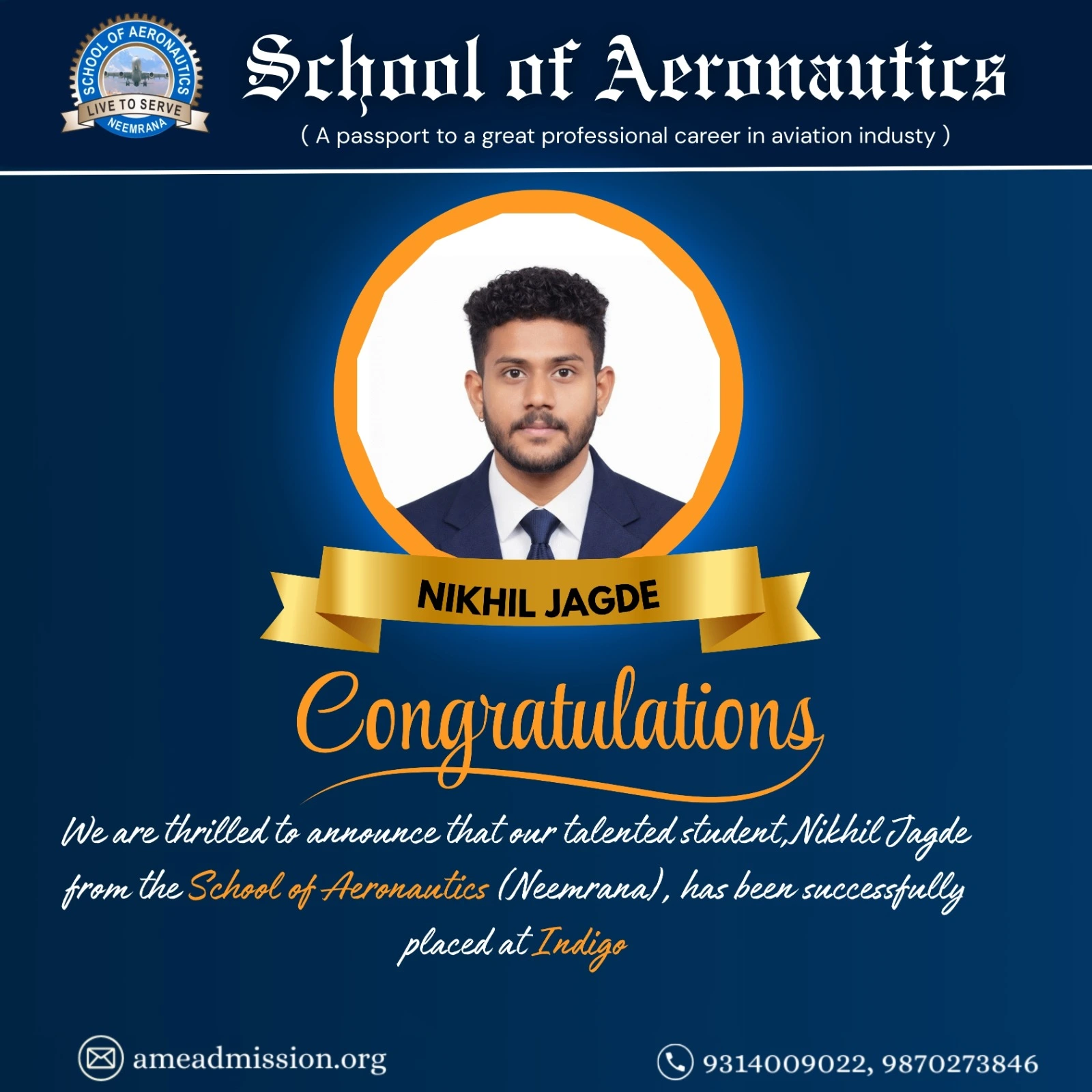 SOACET Scholarship 2025 Cleared Nikhil Jagde AME Course in SOA Neemrana