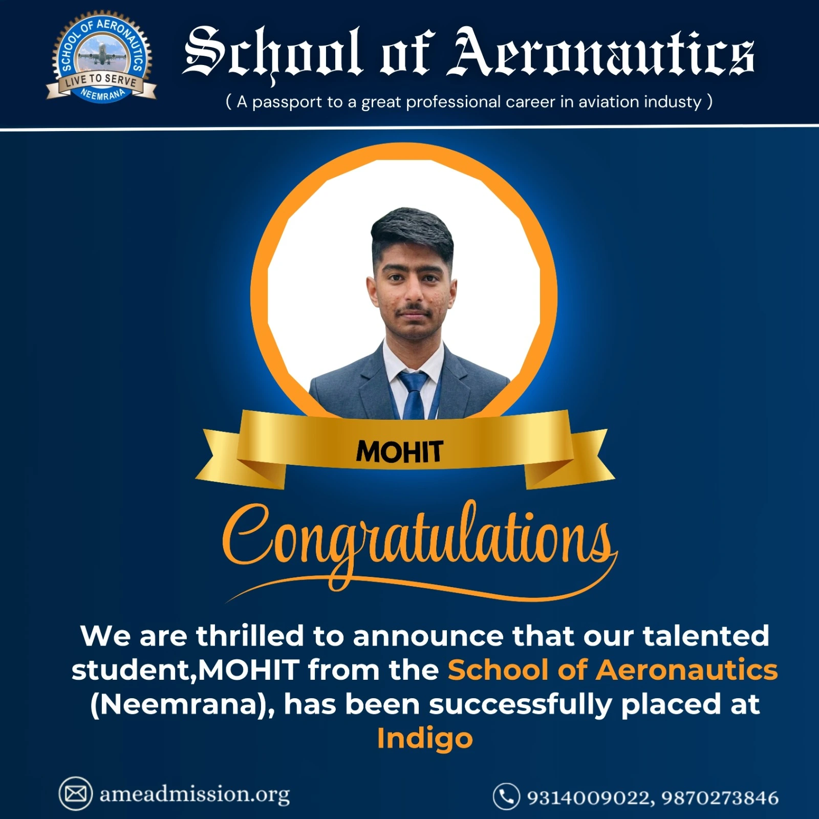 SOACET Scholarship 2025 Cleared Mohit AME Course in SOA Neemrana