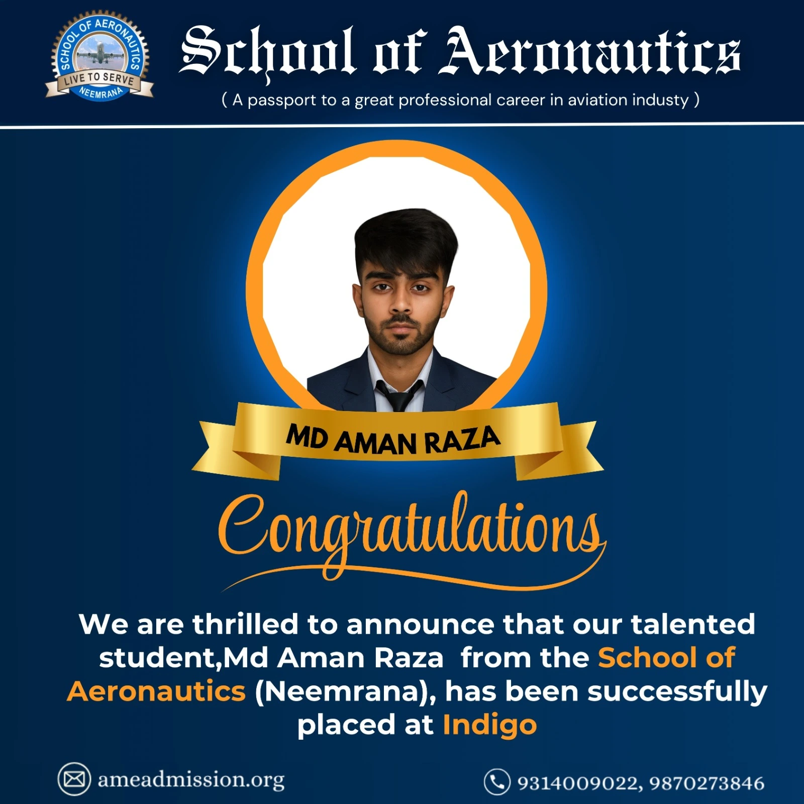 SOACET Scholarship 2025 Cleared Md Aman Raza AME Course in SOA Neemrana