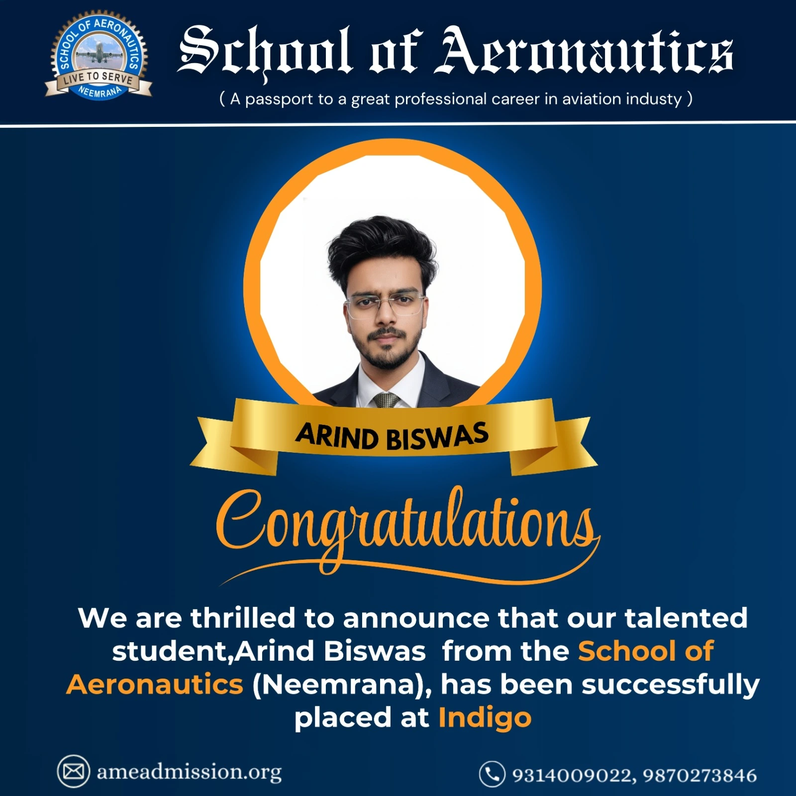 SOACET Scholarship 2025 Cleared Arind Biswas AME Course in SOA Neemrana