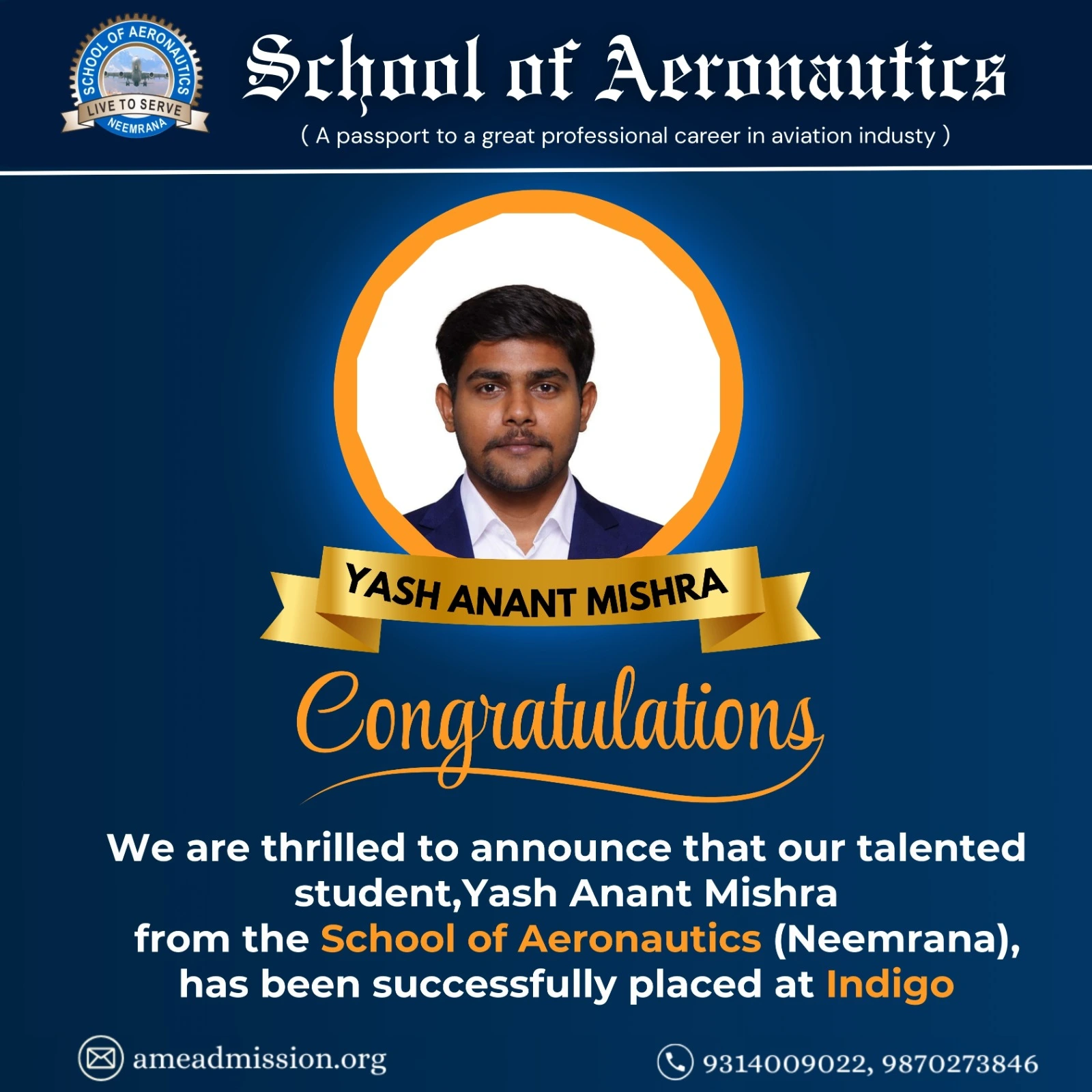 SOACET Scholarship 2025 Cleared Yash Anant Mishra AME Course in SOA Neemrana