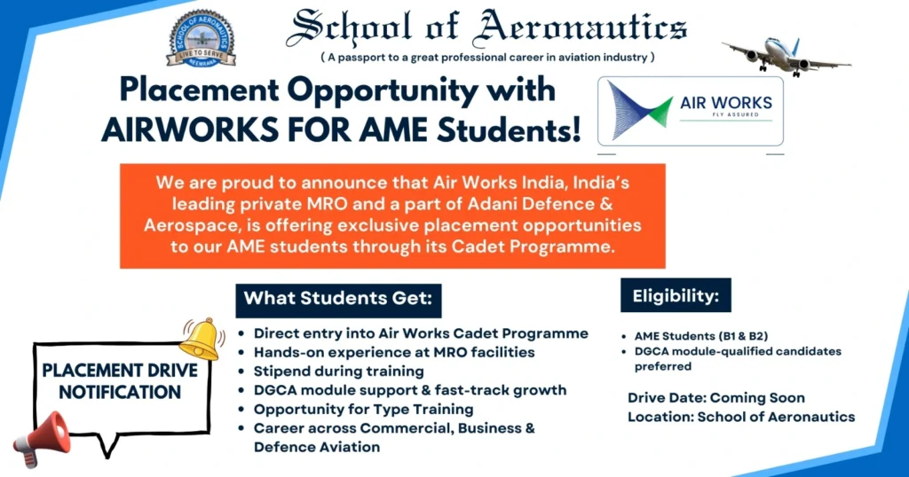 Air Works AME placement opportunity cadet programme DGCA training aviation jobs India
