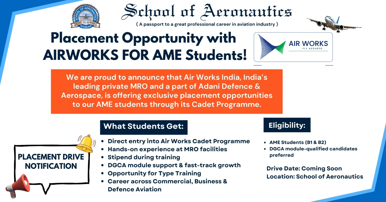 Air Works AME placement opportunity cadet programme DGCA training aviation jobs India