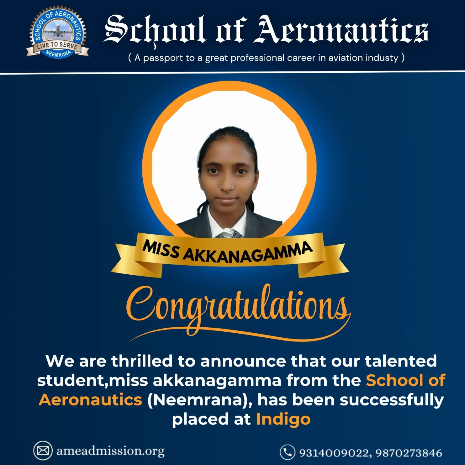 SOACET Scholarship 2025 cleared Miss Akkanagamma AME course School of Aeronautics Neemrana
