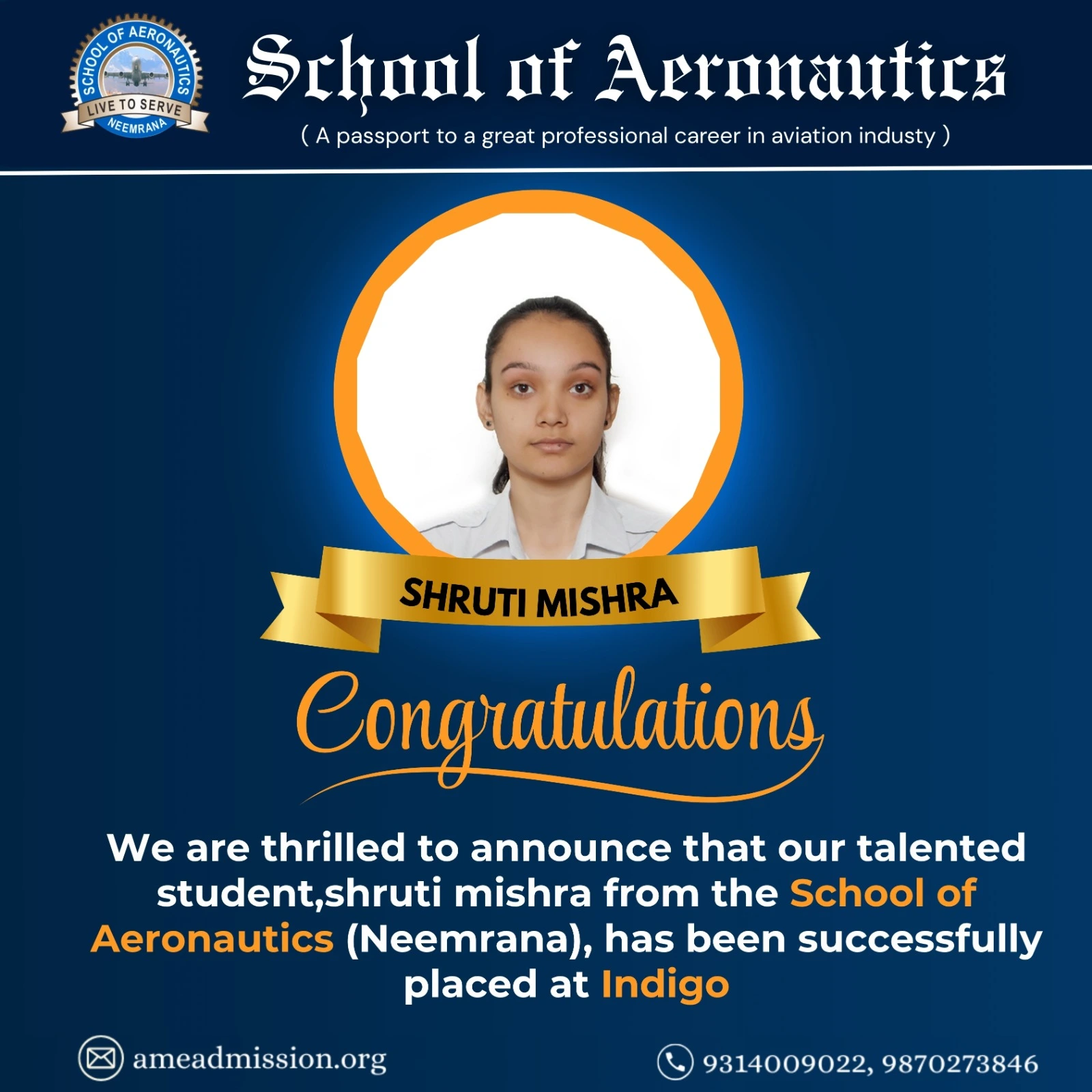 SOACET Scholarship 2025 cleared Shruti Mishra AME course School of Aeronautics Neemrana