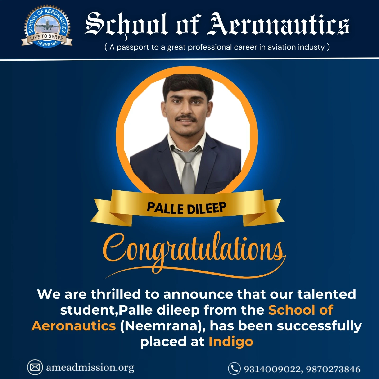 SOACET Scholarship 2025 cleared Palle Dileep AME course School of Aeronautics Neemrana