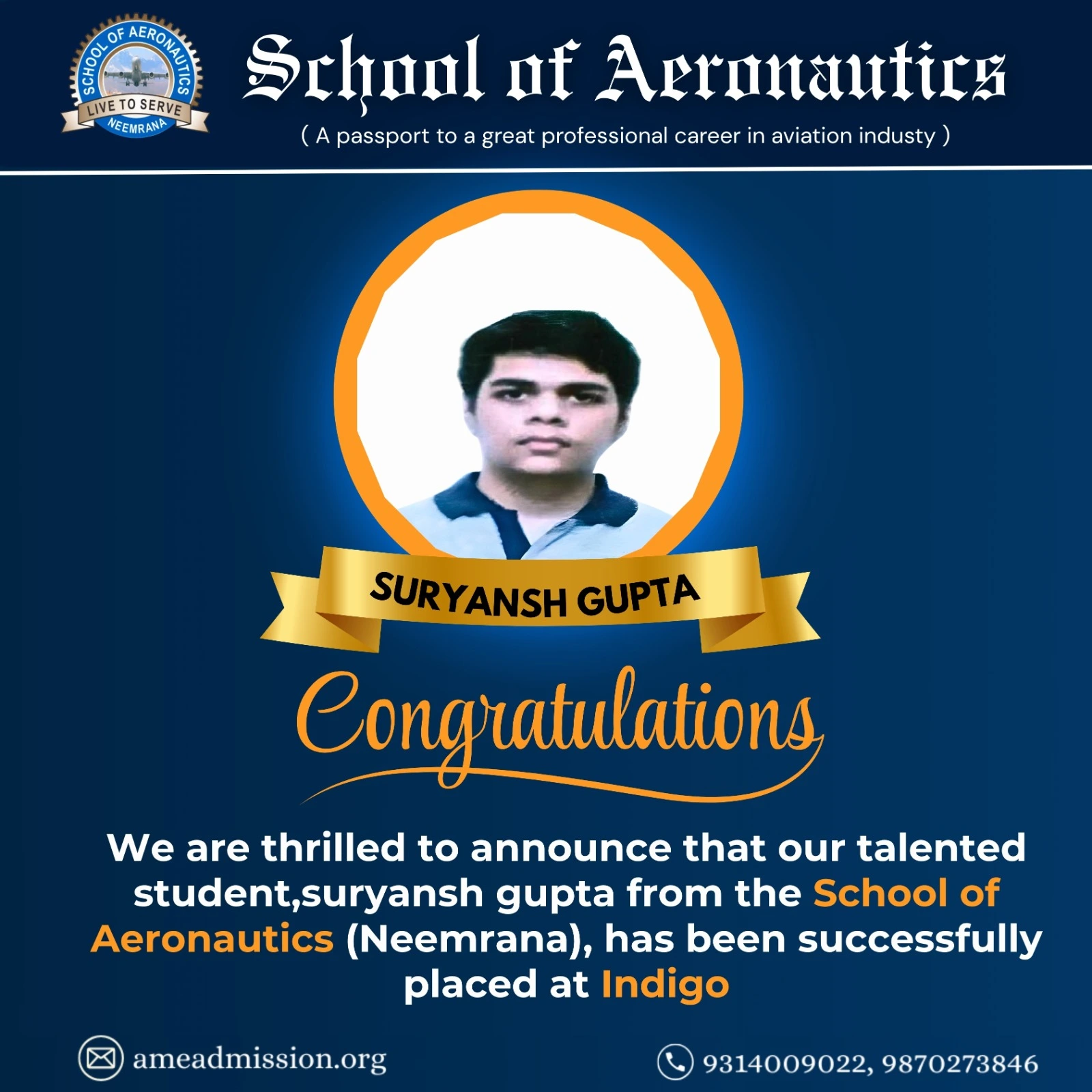 SOACET Scholarship 2025 cleared Suryansh Gupta AME course School of Aeronautics Neemrana