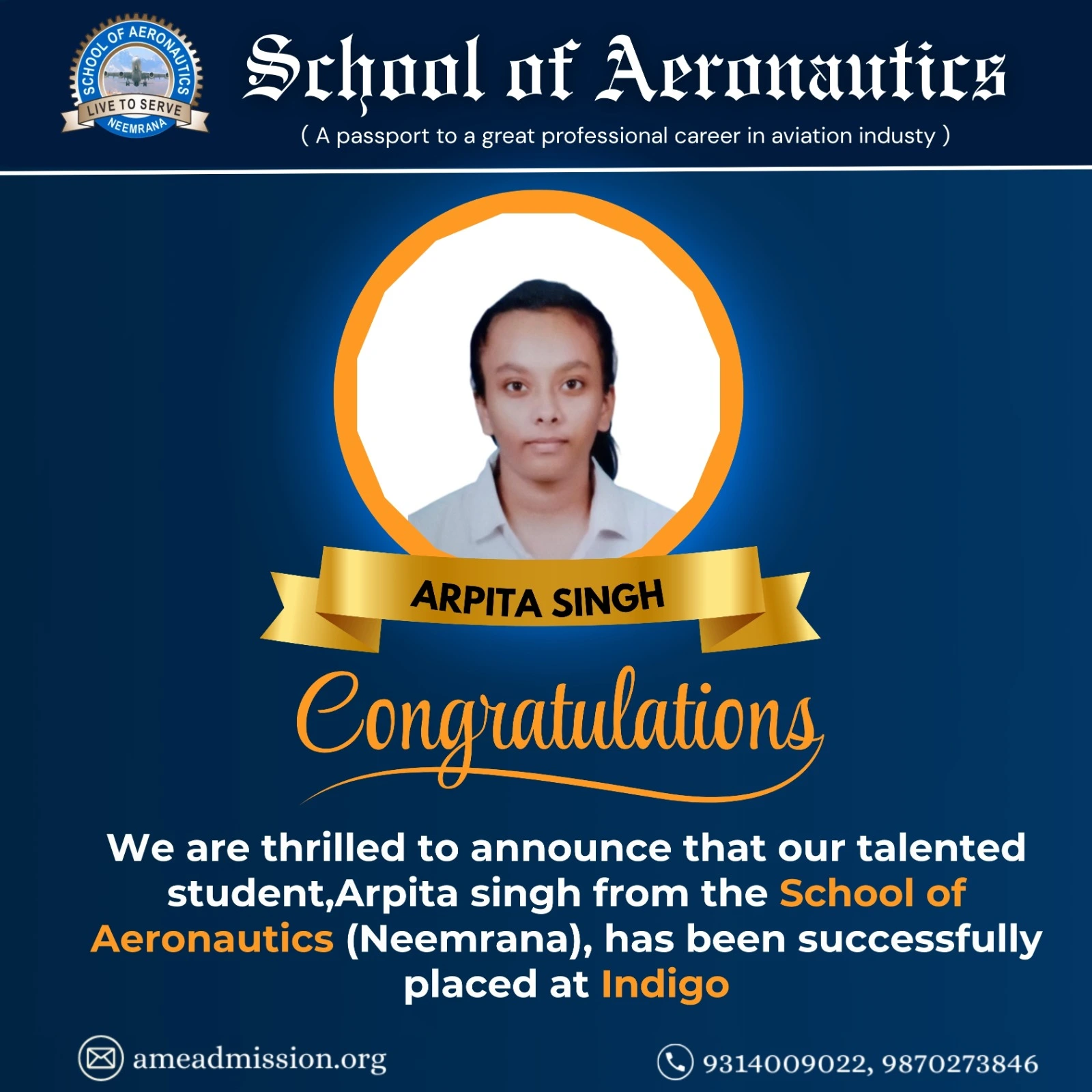 SOACET Scholarship 2025 cleared Arpita Singh AME course School of Aeronautics Neemrana