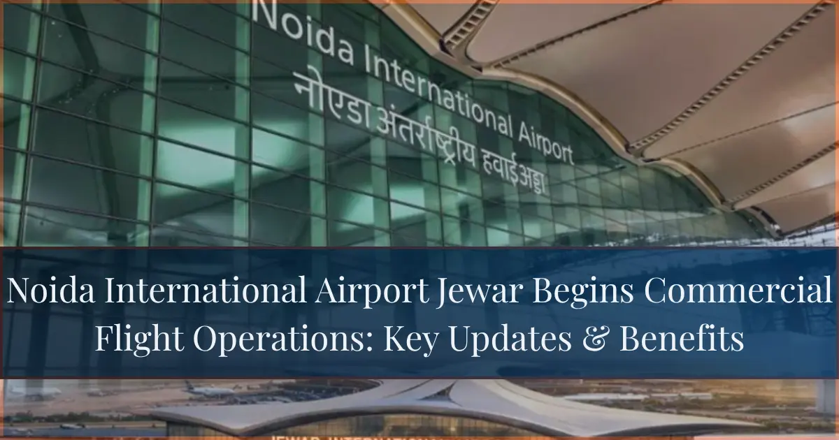 Noida International Airport Jewar modern glass terminal facade with commercial flight operations announcement