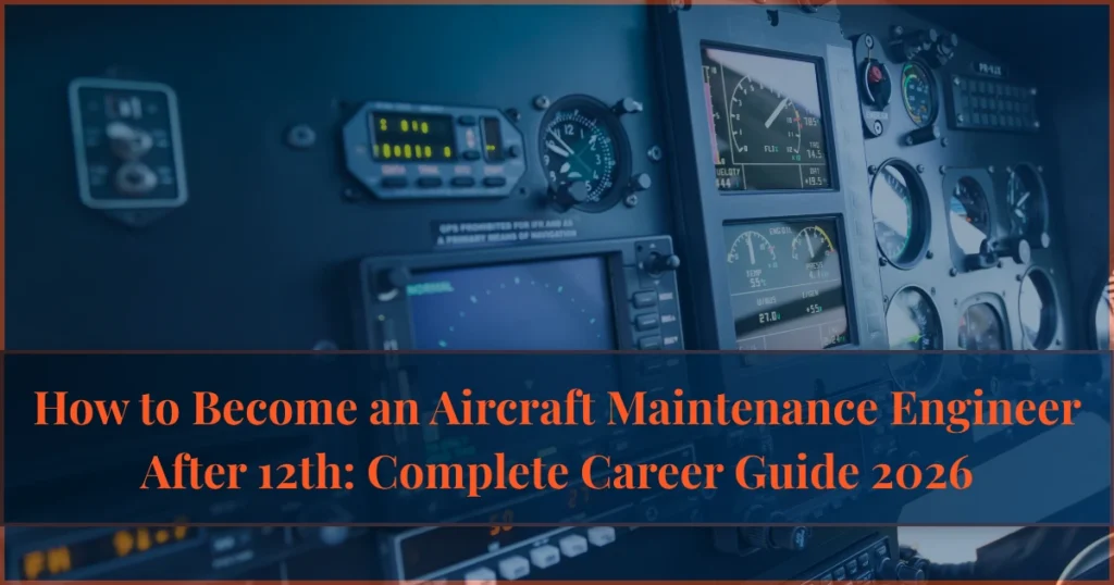 An airplane cockpit control panel with digital displays and gauges, featuring text on how to become an Aircraft Maintenance Engineer after 12th.