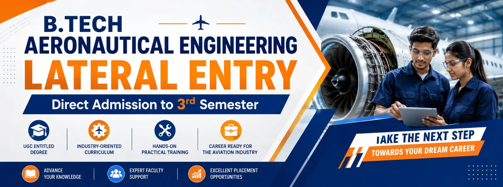 B.Tech Aeronautical Engineering Lateral Entry banner showing students inspecting an aircraft engine