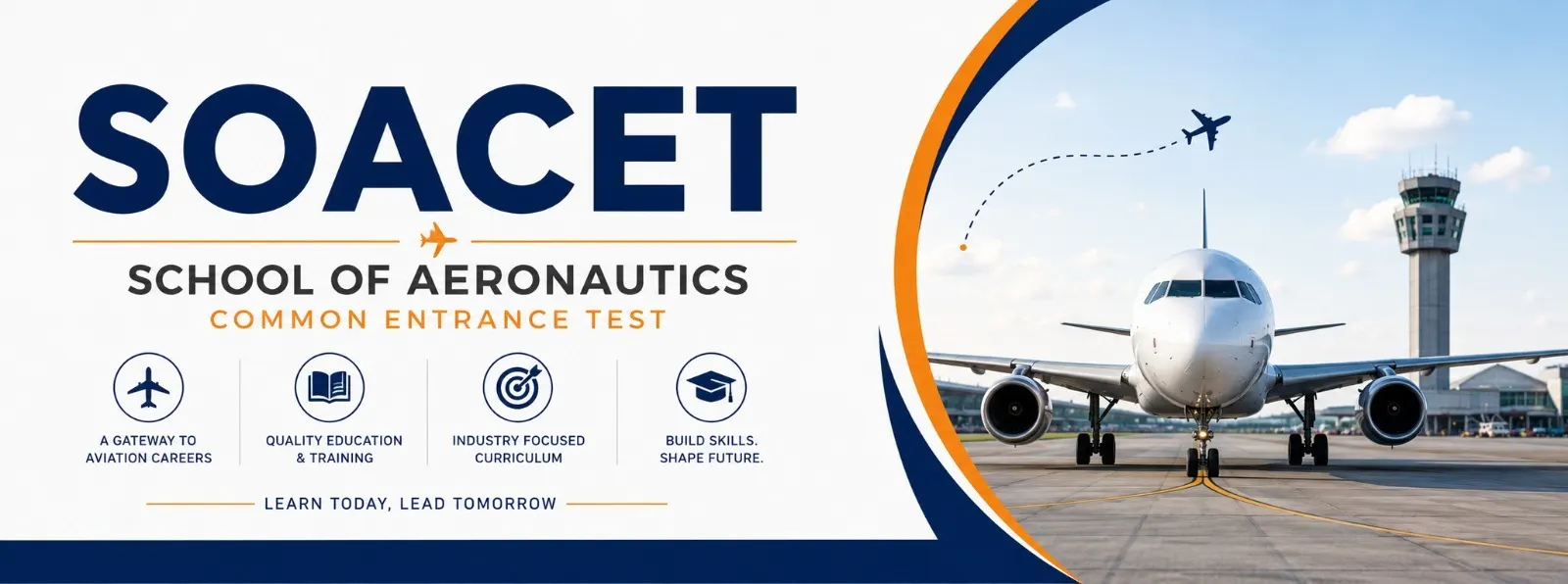 SOACET School of Aeronautics Common Entrance Test banner featuring a commercial airplane on the runway