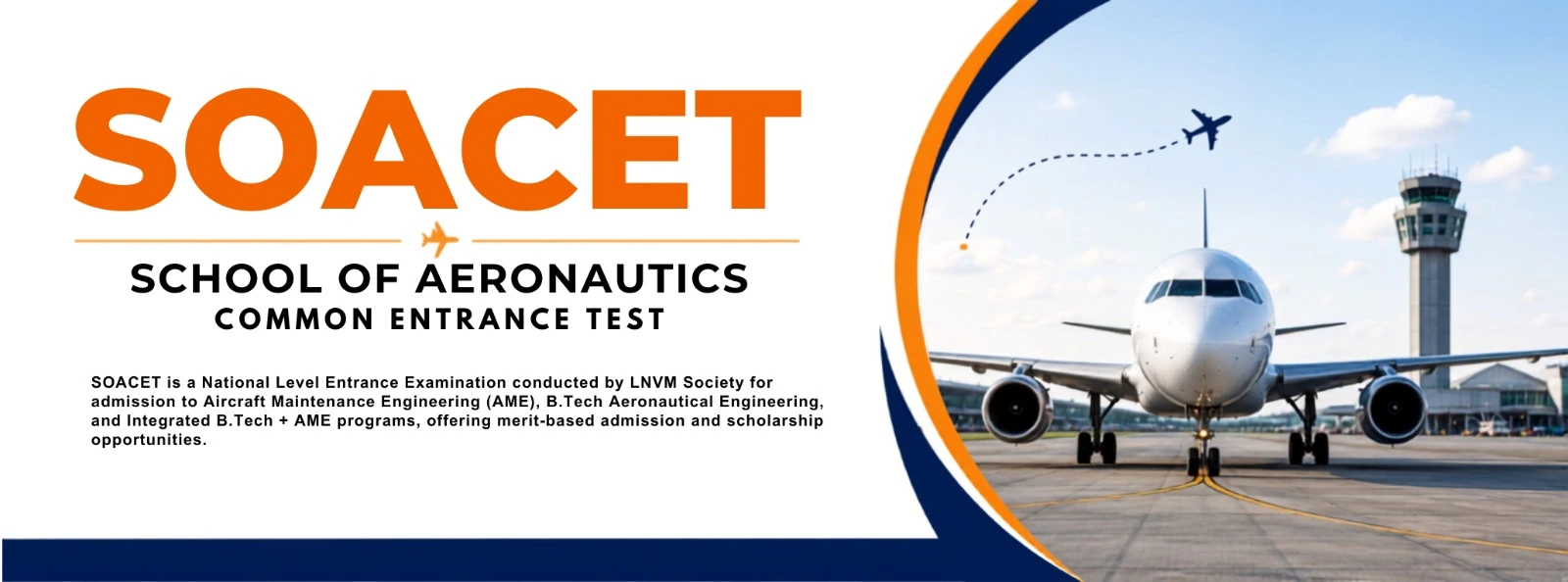 SOACET National Level Entrance Examination banner by LNVM Society with a commercial airplane