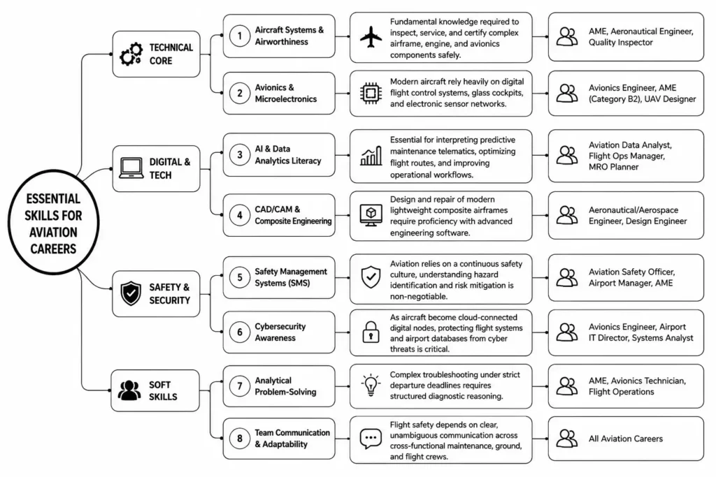 Infographic mind map illustrating essential skills for aviation careers covering technical digital safety and soft skills