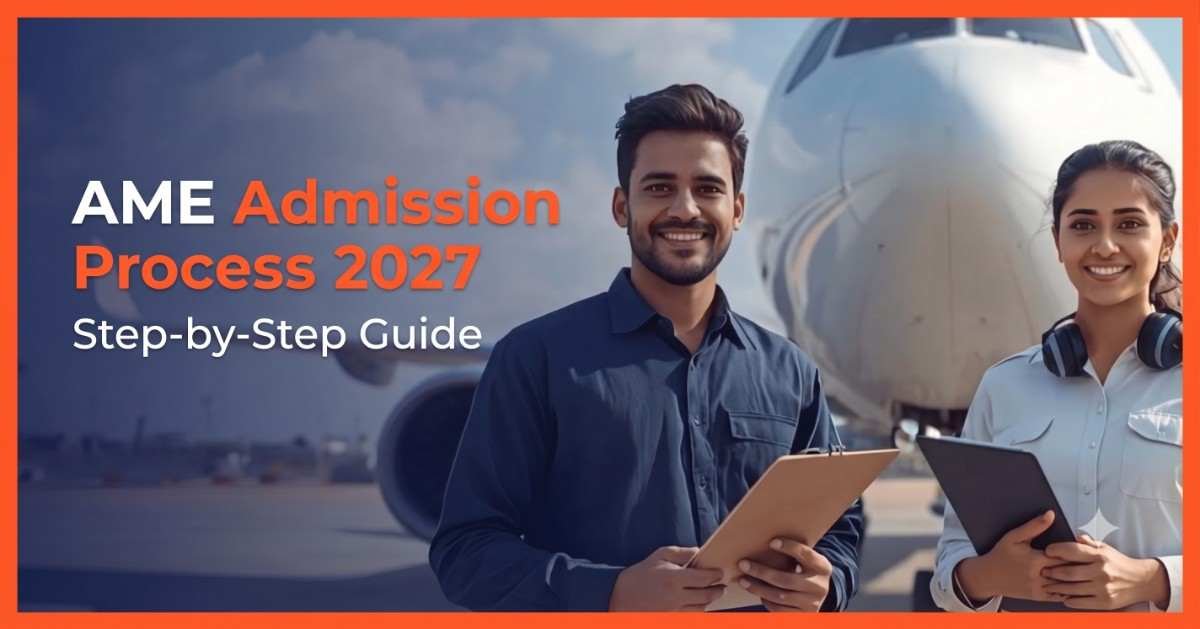 AME admission process 2027 step by step guide banner with male and female aviation engineers standing in front of an aircraft