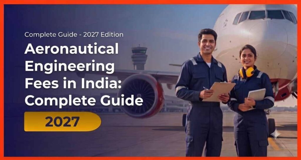 Aeronautical Engineering fees in India 2027 banner with engineers standing before a passenger jet