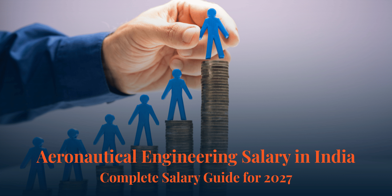 Hand placing blue human figure atop rising stack of coins illustrating Aeronautical Engineering Salary in India career progression