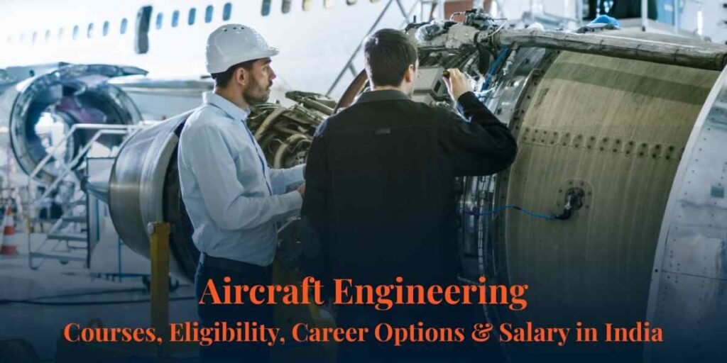Two aircraft engineers inspecting a jet engine in a maintenance hangar for Aircraft Engineering courses and careers