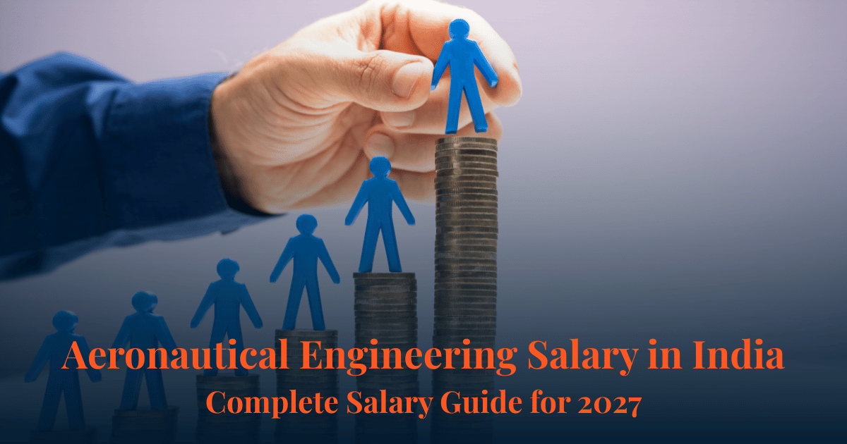 Hand placing blue human figure atop rising stack of coins illustrating Aeronautical Engineering Salary in India career progression