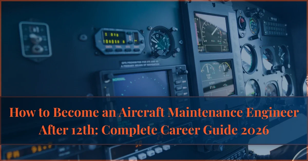 An airplane cockpit control panel with digital displays and gauges, featuring text on how to become an Aircraft Maintenance Engineer after 12th.