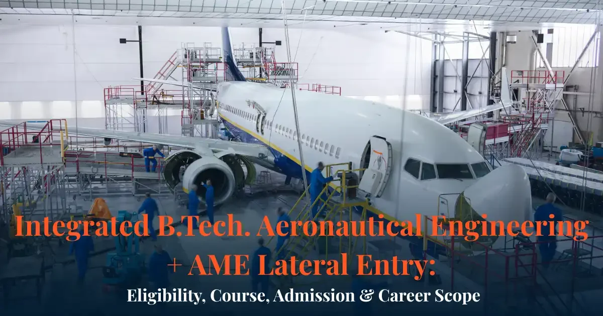 Integrated B.Tech Aeronautical + AME Lateral Entry Guide Aircraft engineers conducting maintenance on an airplane in a hangar for Integrated B.Tech + AME Lateral Entry