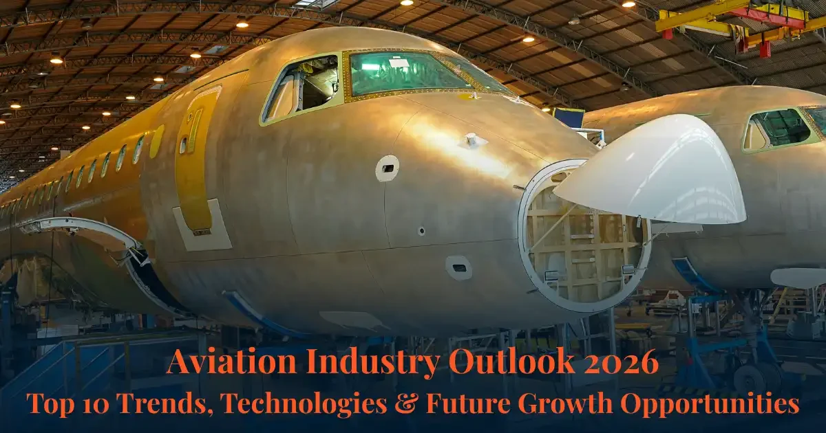 Aircraft assembly hangar banner showing airplane nose under construction for aviation industry outlook 2026