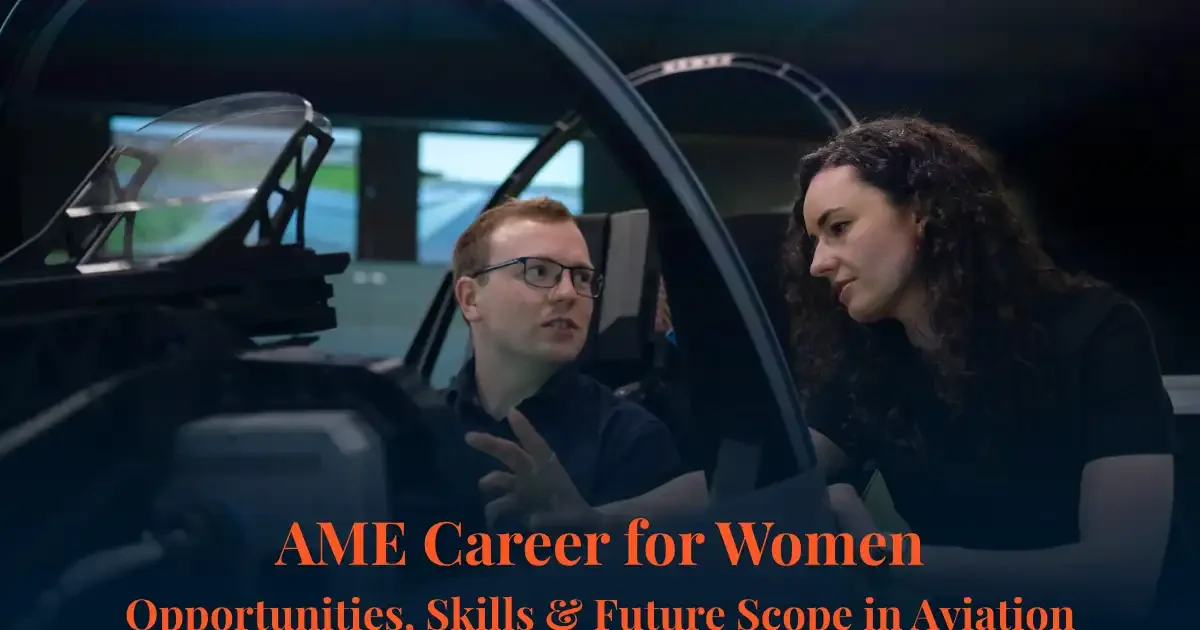 How to Choose the Right Aviation Course After 12th in India (98)-optimized Female aviation engineer and instructor inside an aircraft cockpit simulator for AME career for women